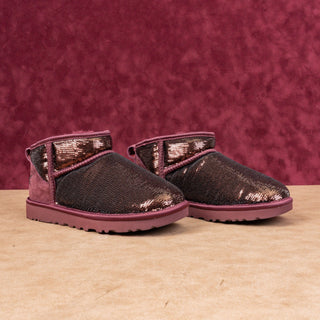 UGG Women Ultra Mini Mirror Burgundy Glitter Winter Ankle Boots sz 6