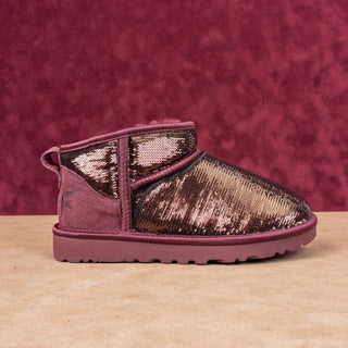 UGG Women Ultra Mini Mirror Burgundy Glitter Winter Ankle Boots sz 6