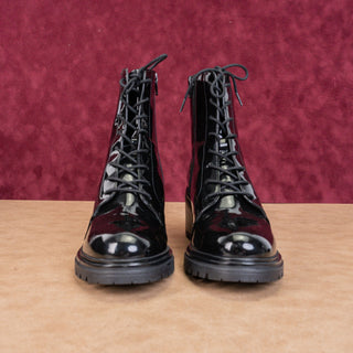 Geox Women Black Patent Leather Lace-up Zip Ankle Combat boots sz 9.5US EUR40