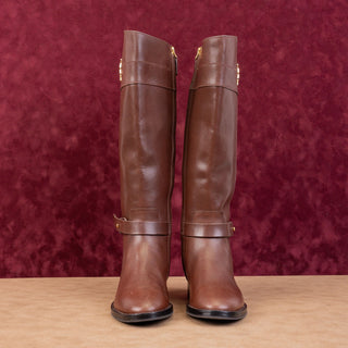 Tory Burch Wmn Everly Signature Wide Leather Brown Equestrian Riding Boots sz 5