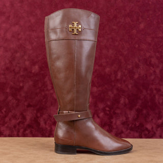 Tory Burch Wmn Everly Signature Wide Leather Brown Equestrian Riding Boots sz 5