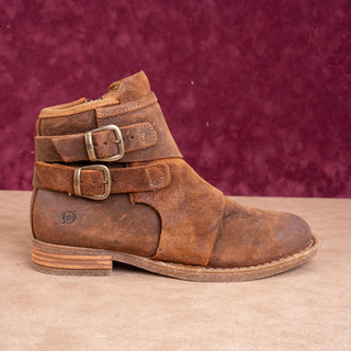 Born Women Moraga Brown Distress Suede Double Buckle Zip Ankle Boots sz 7.5