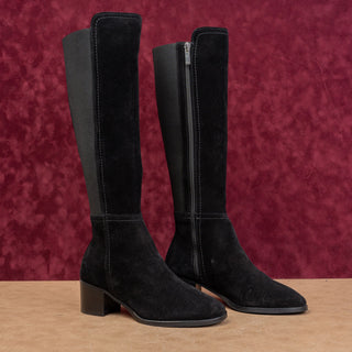 Aquatalia Women Nova Black Suede Classic Riding Stretch Panel Tall Boots sz 6.5
