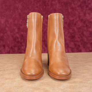 Michael Kors Women Regan Cognac Leather MK Logo Zip Dress Ankle Boots sz 7.5