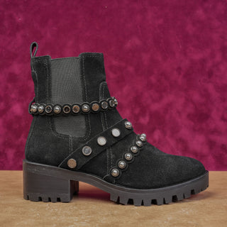 Karl Lagefeld Paris Women Pia Black Suede Stud Festival Moto Lug Boots 7