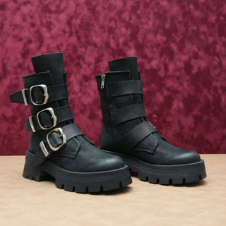 Steve Madden Women Roland Black Leather Festival Moto Zip Boots sz 6