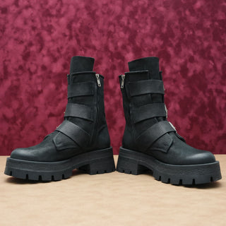 Steve Madden Women Roland Black Leather Festival Moto Zip Boots sz 6