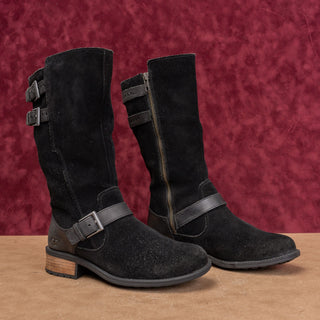 UGG Women Black Suede Moto Festival Fashion Zip Lug Buckle Boots size 7.5