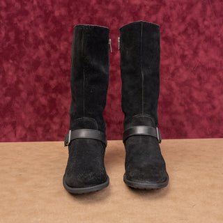 UGG Women Black Suede Moto Festival Fashion Zip Lug Buckle Boots size 7.5