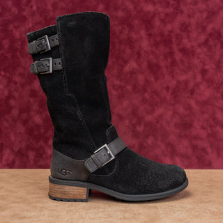 UGG Women Black Suede Moto Festival Fashion Zip Lug Buckle Boots size 7.5