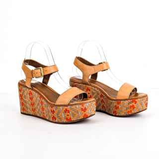 Frye Women Carlie Brown Leather Strap Plaftorm Wedge Sandals Size 7.5