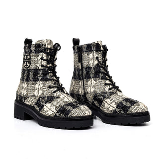 Tory Burch Women Miller Fabric Plaid T Logo Zip Lace-up Combat Boots sz 8.5