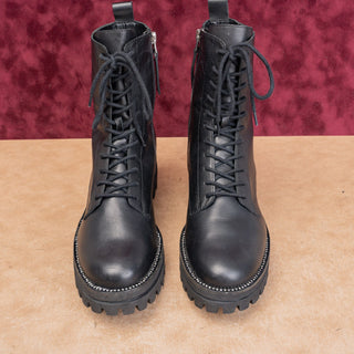 Dolce Vita Women Black Lace-up Leather Zip Rhinestones Combat Platform Boots 9