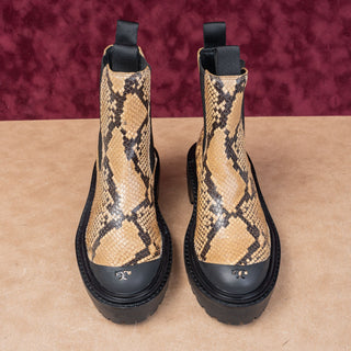Tory Burch Woman Snakeskin Print T Logo Fashion Retro Leather Bootie Boots 6.5