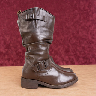 Steve Madden Women Brown Leather Moto Biker Mid Calf Fashion Boots sz 7.5