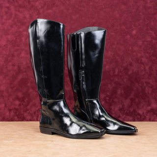 Sam Edelman Women Black Patent Leather Wide Calf Riding Flat Zip Knee Boots sz 7.5