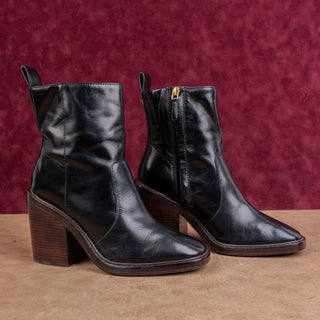 Tory Burch Women Fashion Zip Square Toe Heeled Black Leather Ankle Boots Sz 8