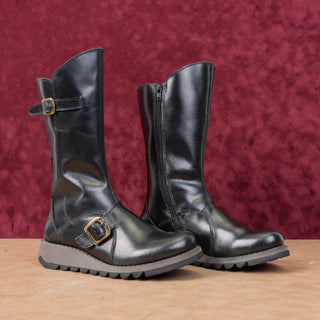 Fly London Women Mes Black Leather Festival Comfortable Wedge Boots 5.5US EUR36