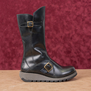 Fly London Women Mes Black Leather Festival Comfortable Wedge Boots 5.5US EUR36