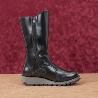 Fly London Women Mes Black Leather Festival Comfortable Wedge Boots 5.5US EUR36