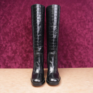 Michael Kors Women Hayden Black Leather Croc Embossed Block Heel Knee boots 10