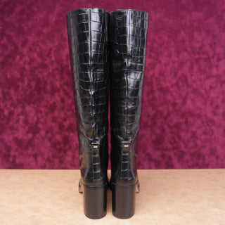 Michael Kors Women Hayden Black Leather Croc Embossed Block Heel Knee boots 10