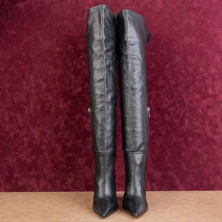 Keeyahri Women Zerina Black Leather OTK Zip Swirl Heel Fashion Boots 8US EUR38.5