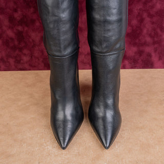 Keeyahri Women Zerina Black Leather OTK Zip Swirl Heel Fashion Boots 8US EUR38.5