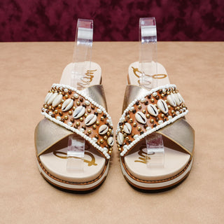 Sam Edelman Women Audrea Gold Fabric Seashells Slip-on Summer Sandals sz 9