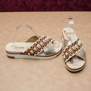 Sam Edelman Women Audrea Gold Fabric Seashells Slip-on Summer Sandals sz 9