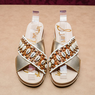Sam Edelman Women Audrea Gold Fabric Seashells Slip-on Summer Sandals sz 9
