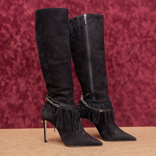 Schutz Women Vickie Black Suede Fashion Party Pointy Zip Toe Knee Boots sz 8