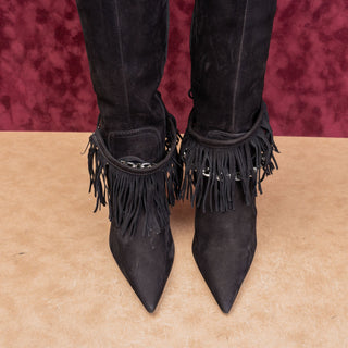 Schutz Women Vickie Black Suede Fashion Party Pointy Zip Toe Knee Boots sz 8
