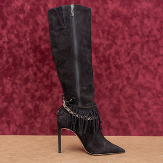 Schutz Women Vickie Black Suede Fashion Party Pointy Zip Toe Knee Boots sz 8