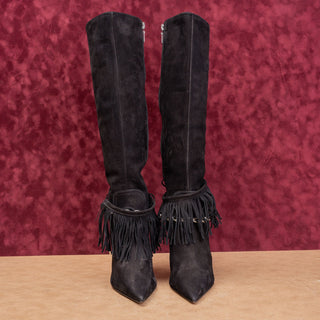 Schutz Women Vickie Black Suede Fashion Party Pointy Zip Toe Knee Boots sz 8