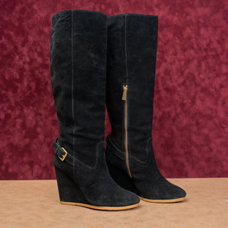 Coach Women Black Suede Leather Zip Dress Fashion Wedge Tall Boots sz 8.5