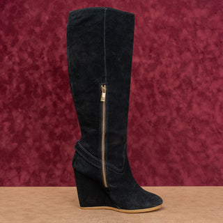 Coach Women Black Suede Leather Zip Dress Fashion Wedge Tall Boots sz 8.5