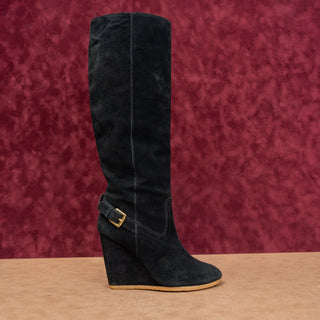 Coach Women Black Suede Leather Zip Dress Fashion Wedge Tall Boots sz 8.5