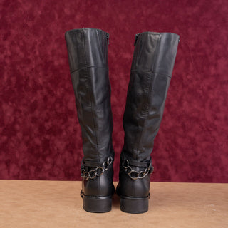Seychelles Women Black Leather Vintage Retro 90s Buckle Riding Knee Boots sz 9.5
