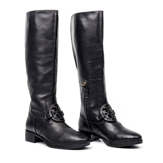 Tory Burch Women Miller T Logo Black Leather Riding Knee Boots size 7