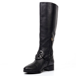 Tory Burch Women Miller T Logo Black Leather Riding Knee Boots size 7