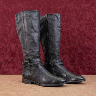 Frye Women Belted Equestrian Riding Tall Zip Black Leather Knee Boots sz 8.5