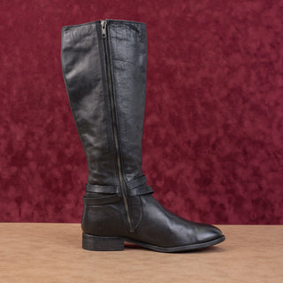 Frye Women Belted Equestrian Riding Tall Zip Black Leather Knee Boots sz 8.5