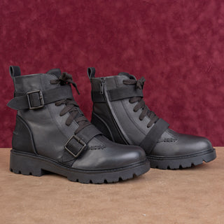 UGG Women Noe Moto Buckles Black Leather Strap Lace-up Combat Boots sz 12
