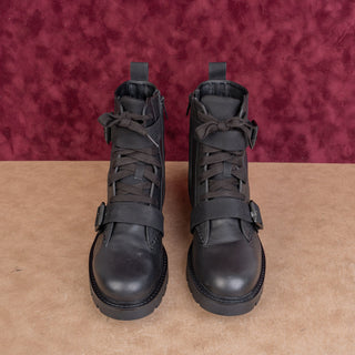 UGG Women Noe Moto Buckles Black Leather Strap Lace-up Combat Boots sz 12