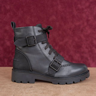 UGG Women Noe Moto Buckles Black Leather Strap Lace-up Combat Boots sz 12