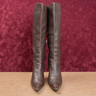 Sergio Rossi Women Vintage Y2K Brown Leather Pointy Toe Zip Knee Boots 7US EUR37