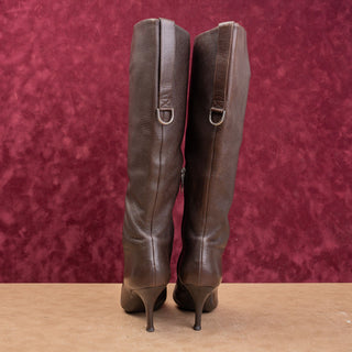 Sergio Rossi Women Vintage Y2K Brown Leather Pointy Toe Zip Knee Boots 7US EUR37