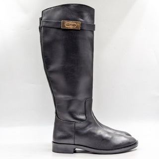 Tory Burch Women T Hardware Equestrian Riding Tall Black Leather Boots size 8