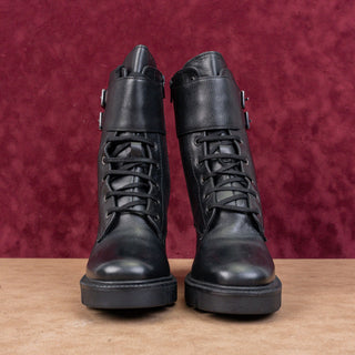 Vintage Foundry Women Elizabeth Black Leather Strap Block Heel Combat Boots 8.5